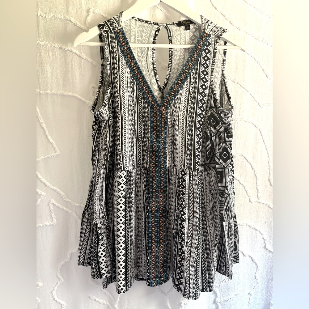 Black and White Patterned Cold Shoulder Bell Sleeve Top